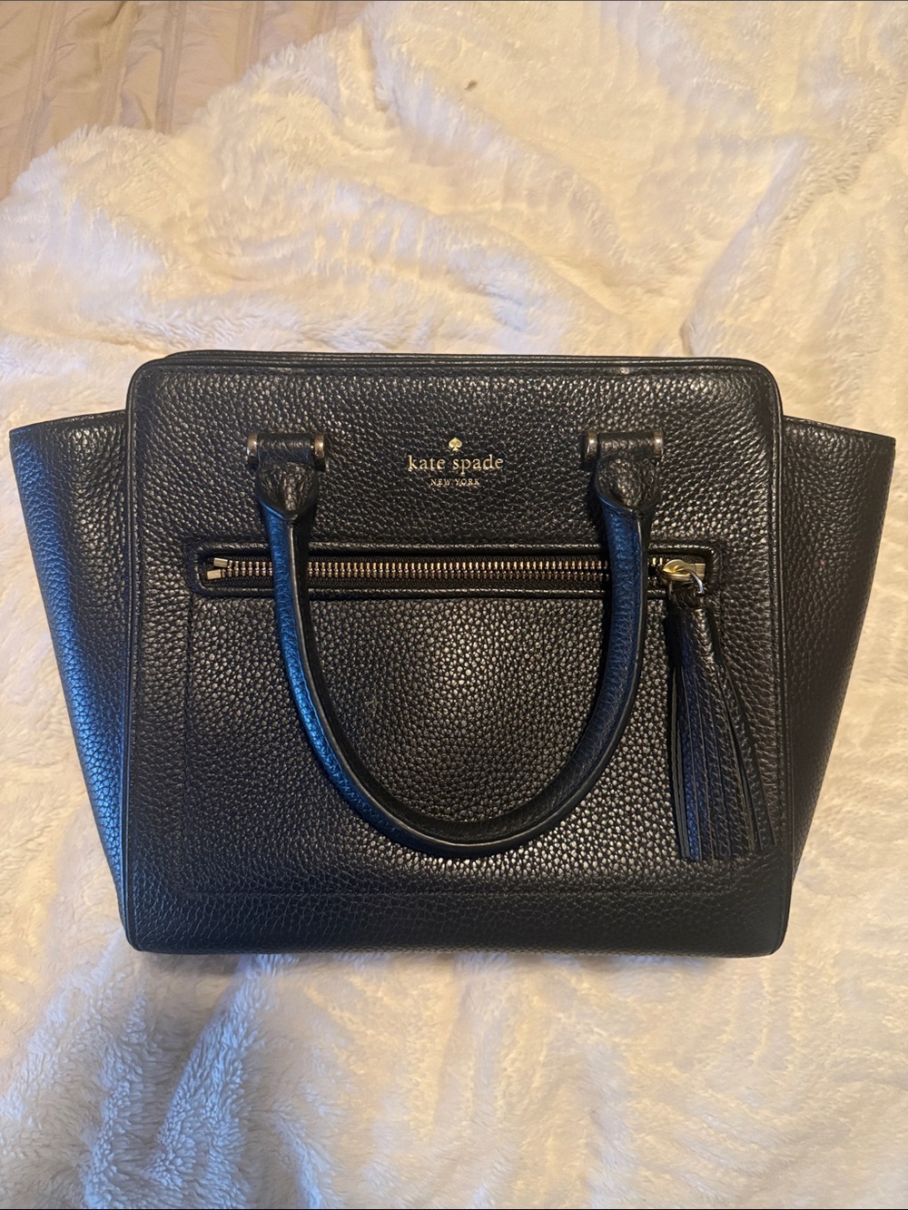 kate spade Black Pebbled Leather Satchel with Tassel Zip Pocket